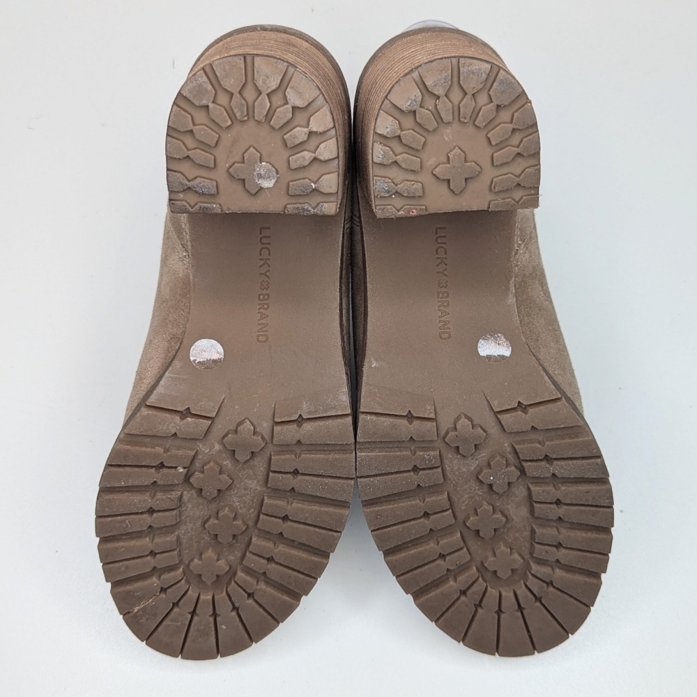 Lucky Brand Dalliey Suede Mules Tan Beige Open Toe Chunky Platform Heels Size 8 - Picture 7 of 8